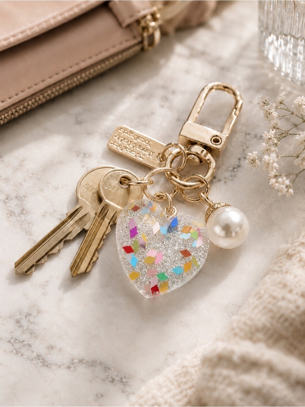 NEW Clear Glitter Heart Pearl Gold Bag Charm Key Ring NWT - Picture 3 of 3